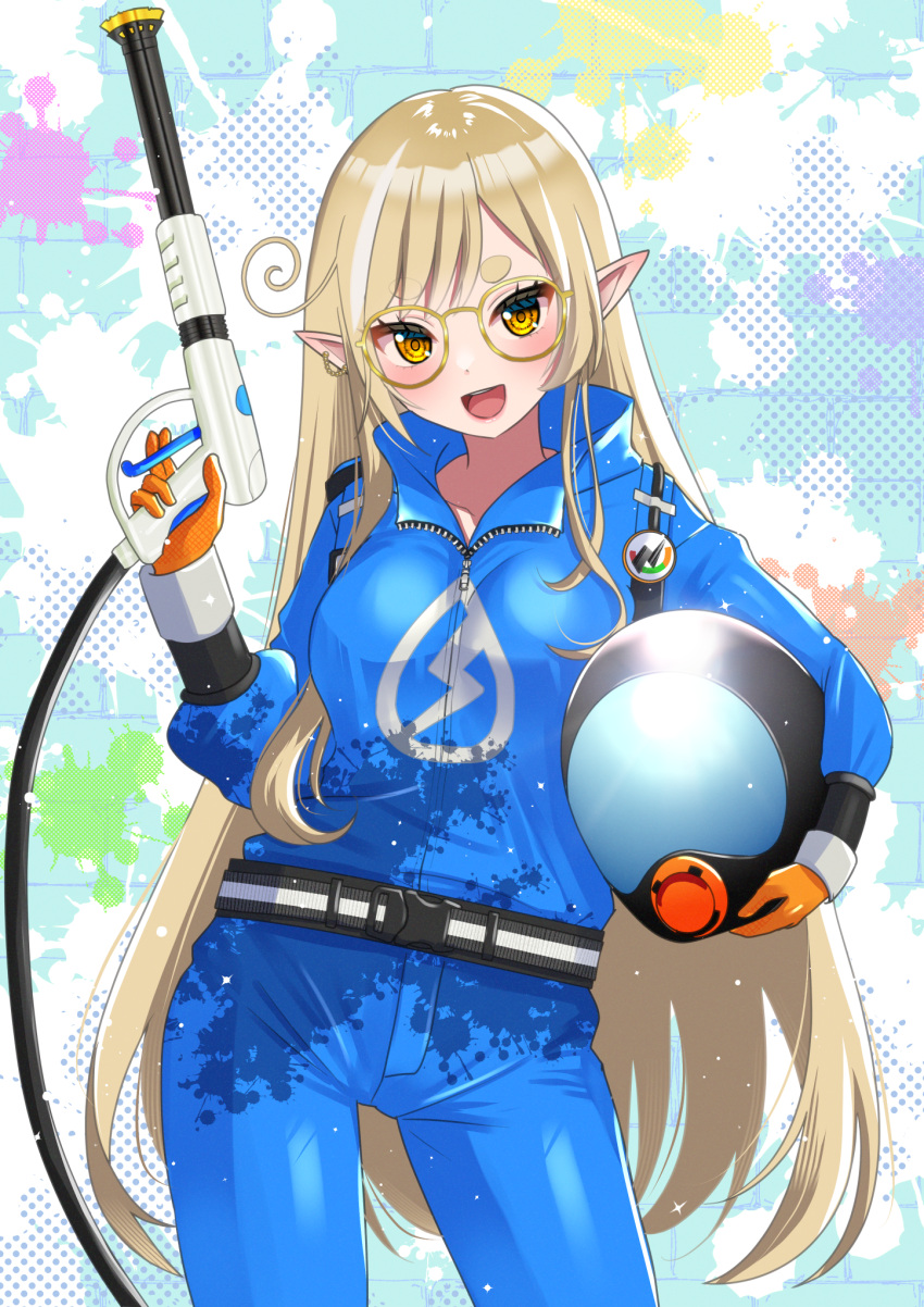 1girl, ahoge, blonde_hair, blue_jumpsuit, brick_wall, erenshu, glasses, glitch_stars