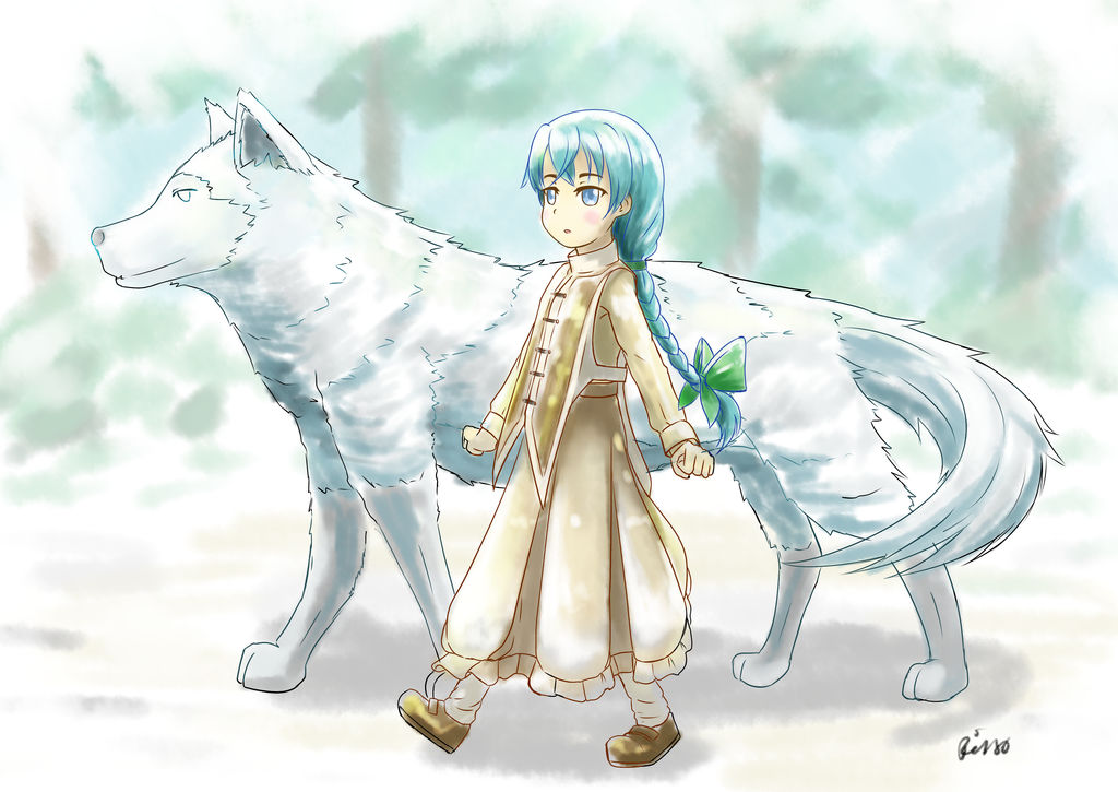 1girl, animal, blue_eyes, blue_hair, bow, dog, dress, forest