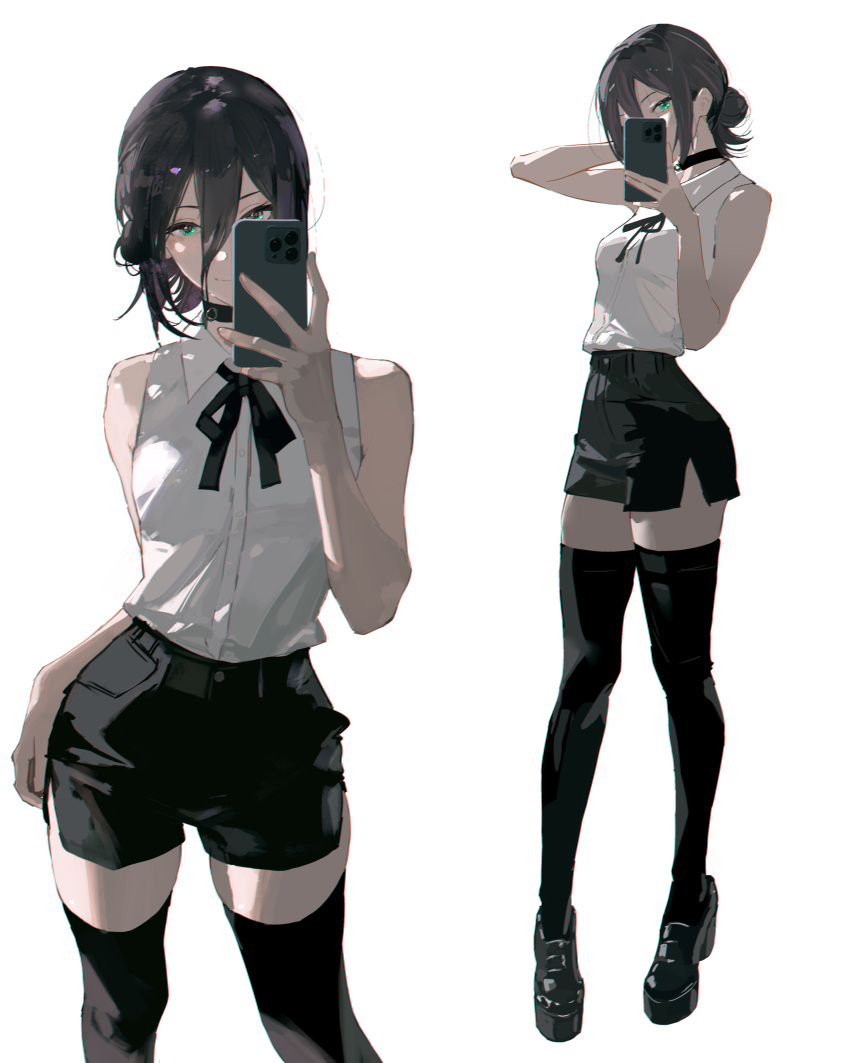 1girl, absurdres, black_hair, black_ribbon, black_shorts, black_thighhighs, cellphone, chainsaw_man