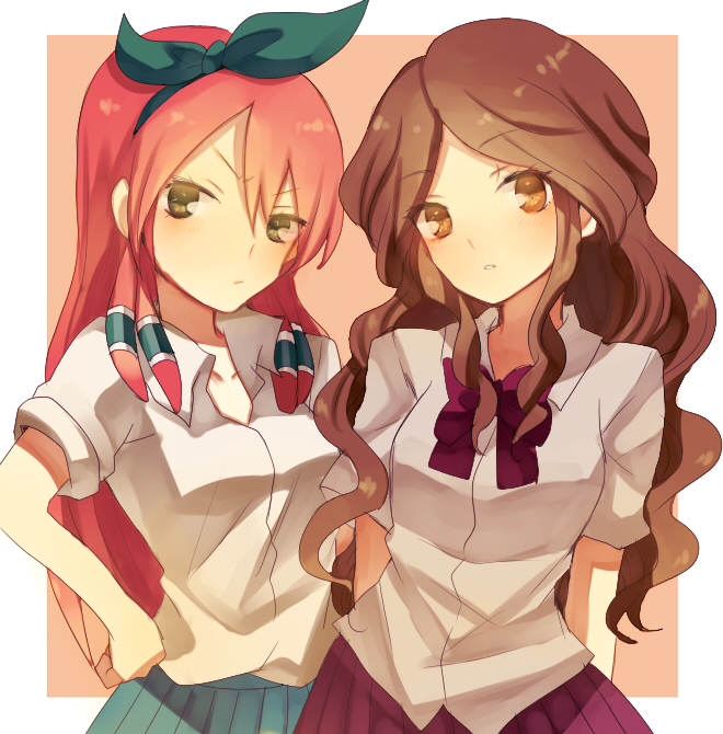 bad_id, brown_hair, hair_ribbon, hand_on_hip, hips, inazuma_eleven, inazuma_eleven_(series), inazuma_eleven_go, kurodeko, long_hair, multiple_girls, pink_hair, raimon_natsumi, ribbon, school_uniform, seto_midori