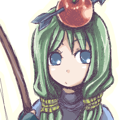 1girl, 2000s_(style), apple, apple_on_head, archer_(ragnarok_online), arrow_through_apple, blue_eyes, blue_gloves, blue_shirt, bow_(weapon), closed_mouth, commentary_request, expressionless, fingerless_gloves, food, fruit, gloves, green_hair, hair_tubes, holding, holding_bow_(weapon), holding_weapon, long_hair, looking_at_viewer, lowres, oekaki, portrait, ragnarok_online, re-na, shirt, solo, weapon, white_background