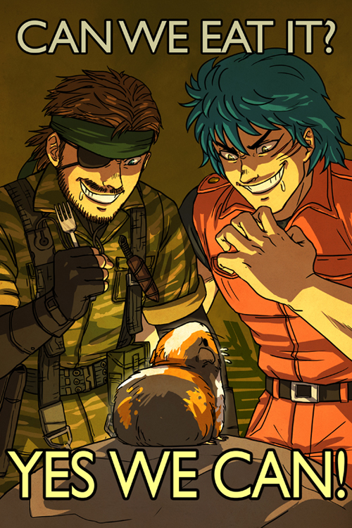 belt, blue_hair, brown_hair, crossover, drooling, english, eyepatch, feriowind