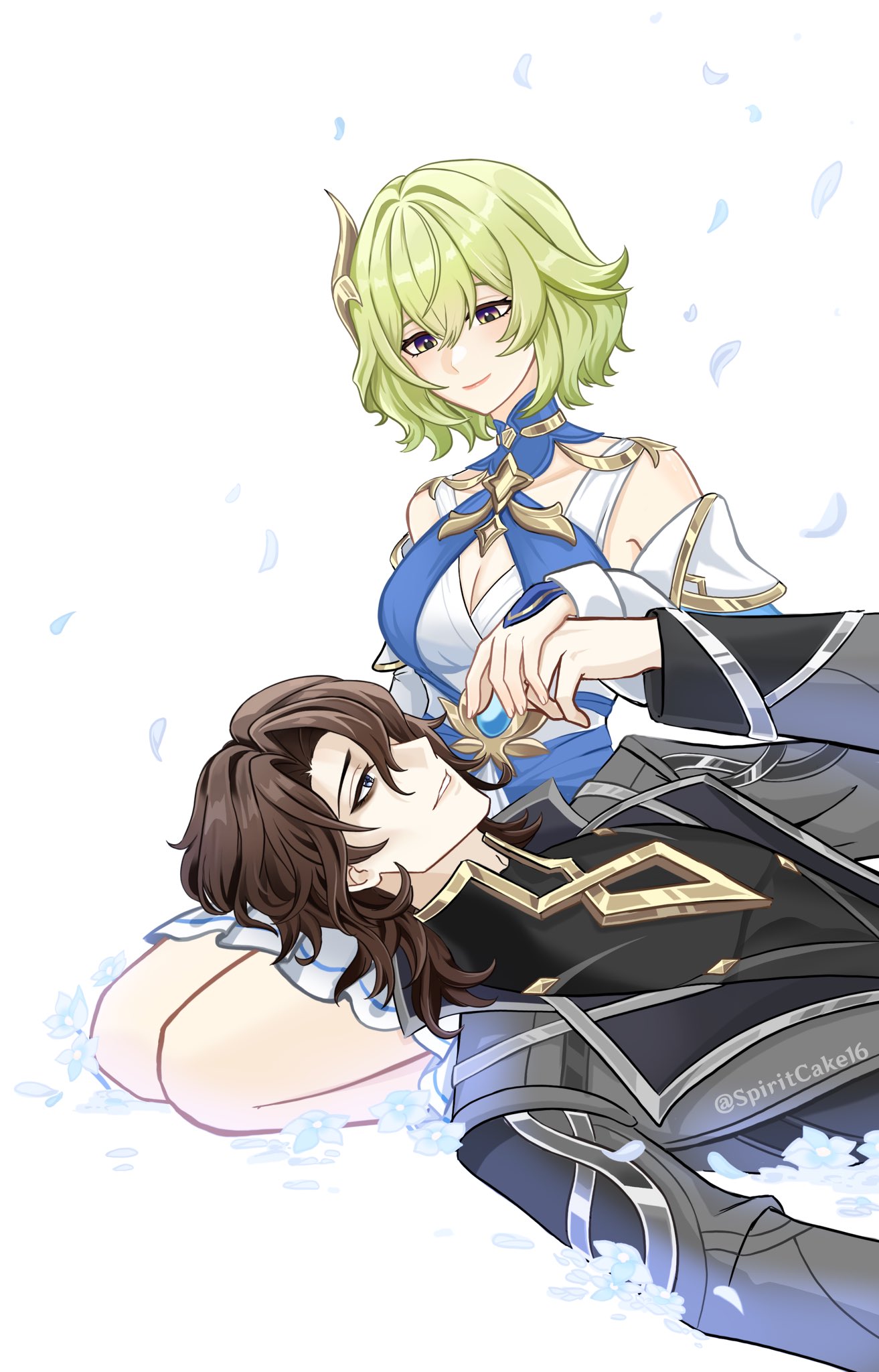 1boy, 1girl, blonde_hair, blue_eyes, brown_hair, dress, genshin_impact, highres