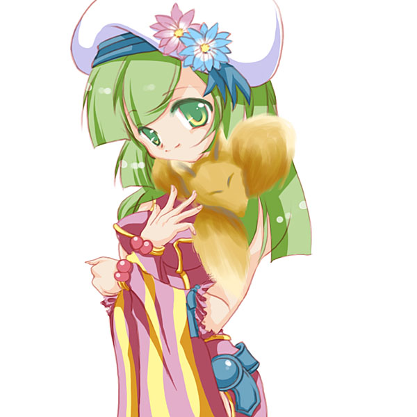 1girl, 2000s_(style), animal_around_neck, belt, blue_belt, blue_flower, breasts, closed_mouth, commentary_request, detached_sleeves, dress, flower, fox, green_eyes, green_hair, hat, hat_flower, long_hair, looking_at_viewer, medium_breasts, pink_flower, professor_(ragnarok_online), purple_dress, purple_sleeves, ragnarok_online, simple_background, sleeveless, sleeveless_dress, smile, solo, striped_sleeves, tam_(ragnarok_online), upper_body, watabe_nanami, white_background, white_hat, yellow_sleeves