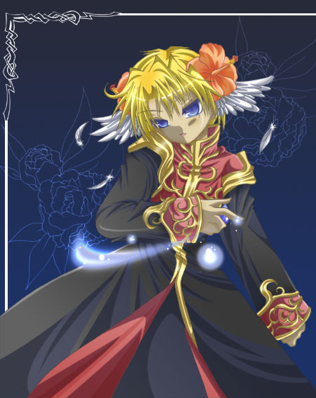 1boy, 2000s_(style), akiiyuuri, black_coat, blonde_hair, blue_background, blue_eyes, coat