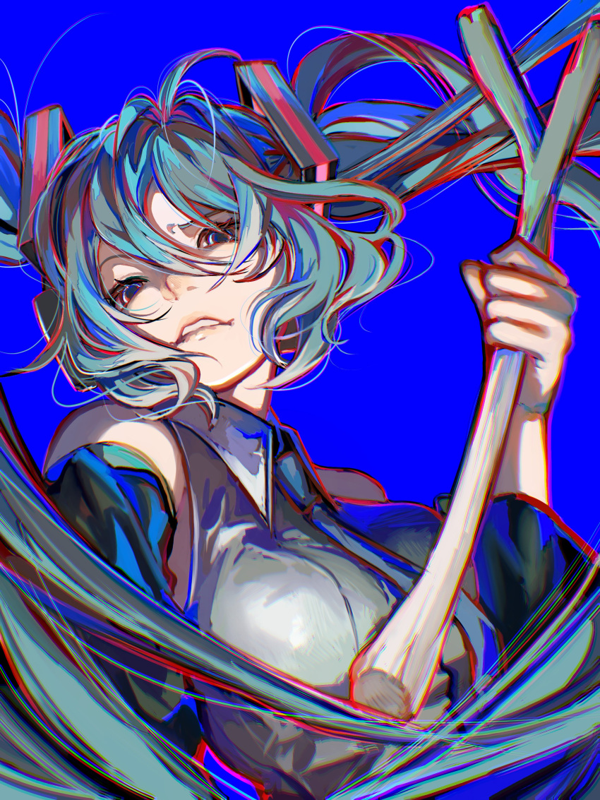 1girl, absurdres, aqua_hair, aqua_necktie, bare_shoulders, blue_background, breasts, collared_shirt