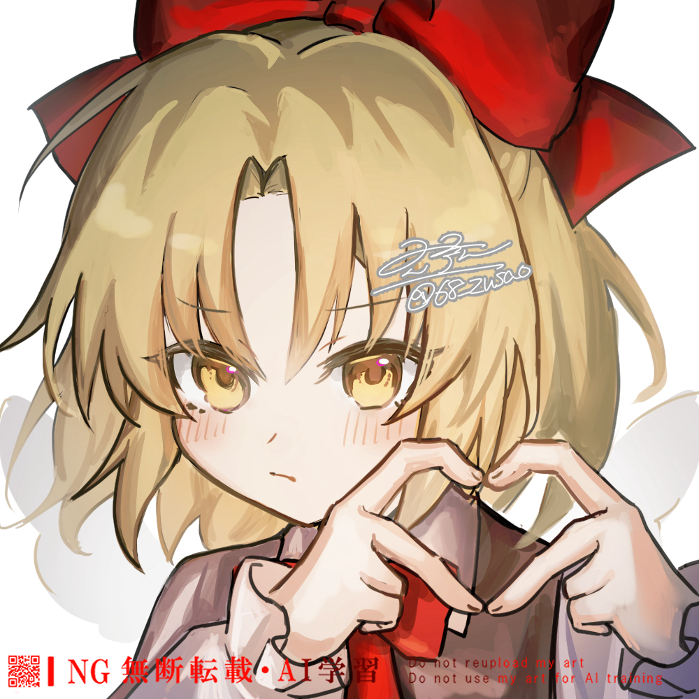 1girl, :/, artist_name, blonde_hair, blush, bow, bowtie, brown_vest