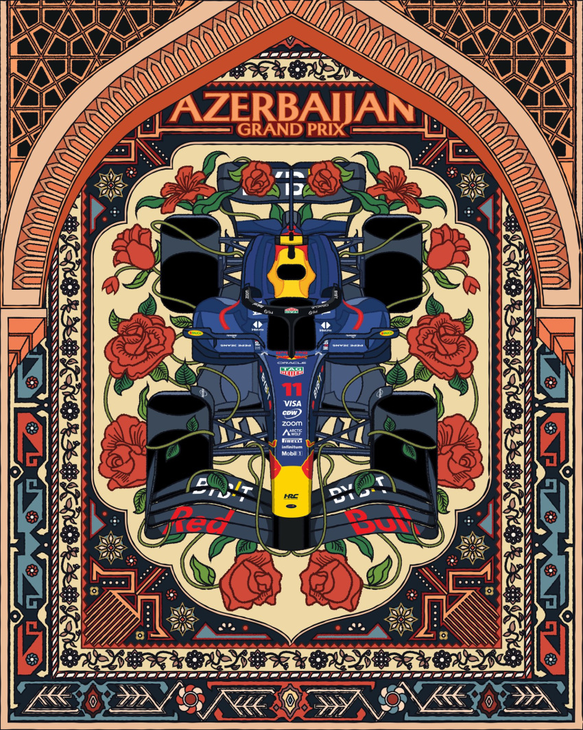 azerbaijan, chuangraphics, english_text, flower, formula_one, highres, no_humans, poster_(medium), red_flower, red_rose, rose, rug, vehicle_request