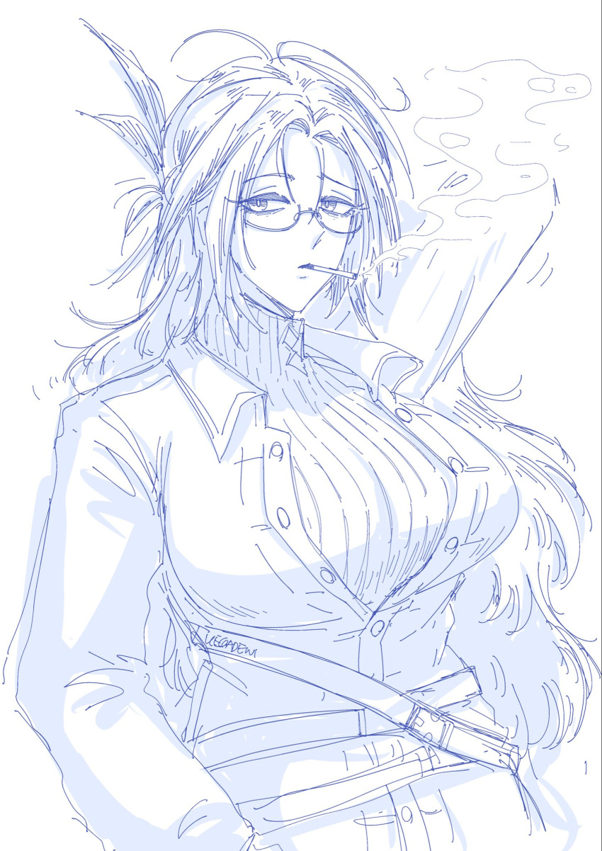 1girl, arknights, bags_under_eyes, breasts, coat, commentary, english_commentary, feather_hair