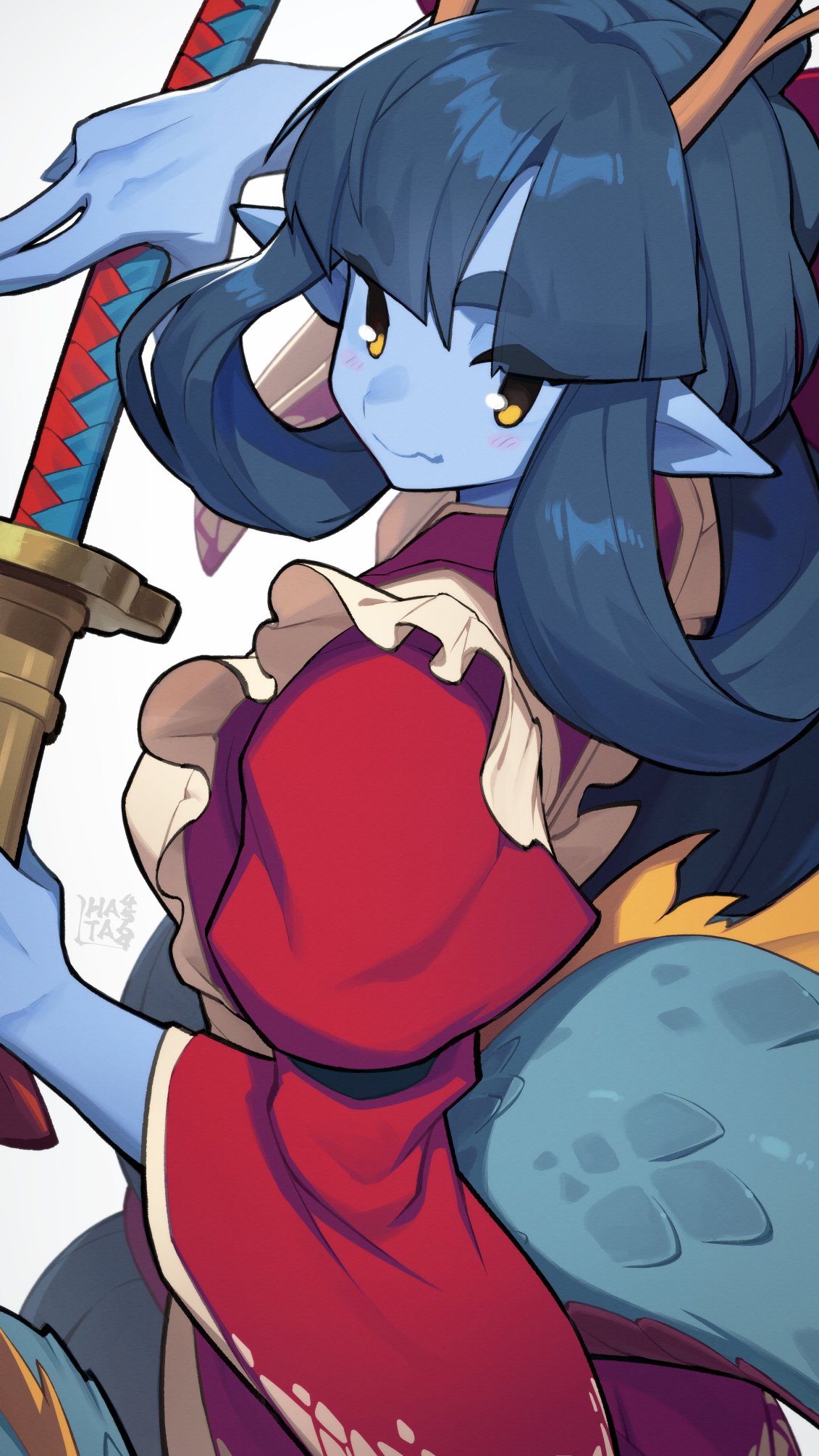 1girl, apron, blue_hair, blue_skin, blush, borrowed_character, colored_skin, eastern_dragon_horns