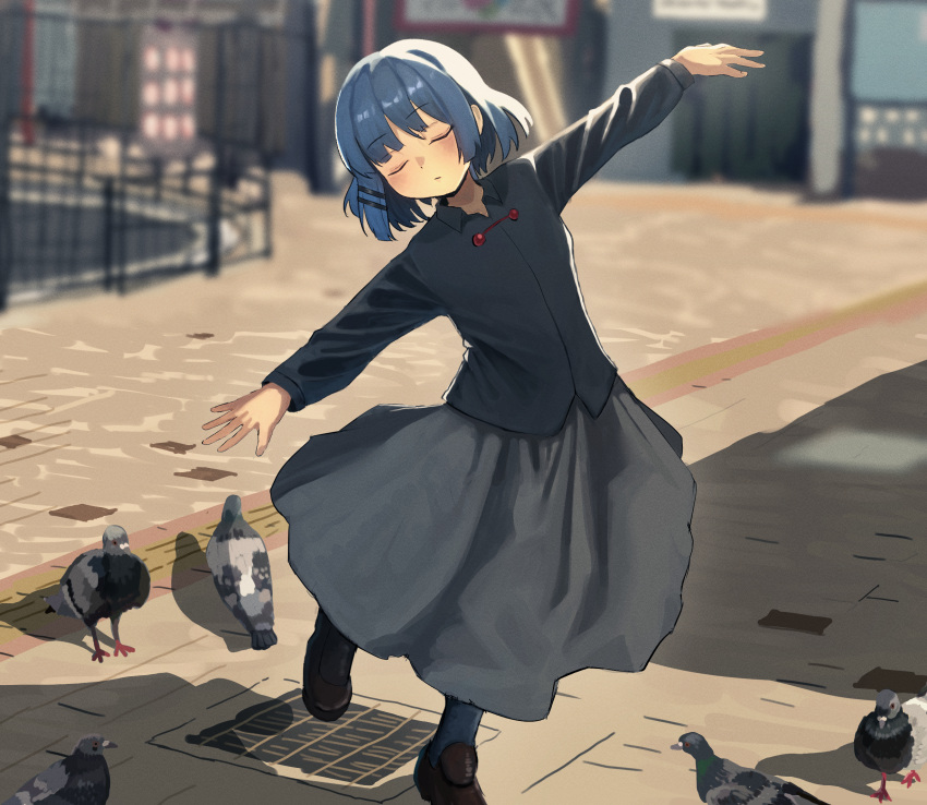 1girl, alternate_costume, animal, bird, black_shirt, black_socks, blue_hair, bocchi_the_rock!