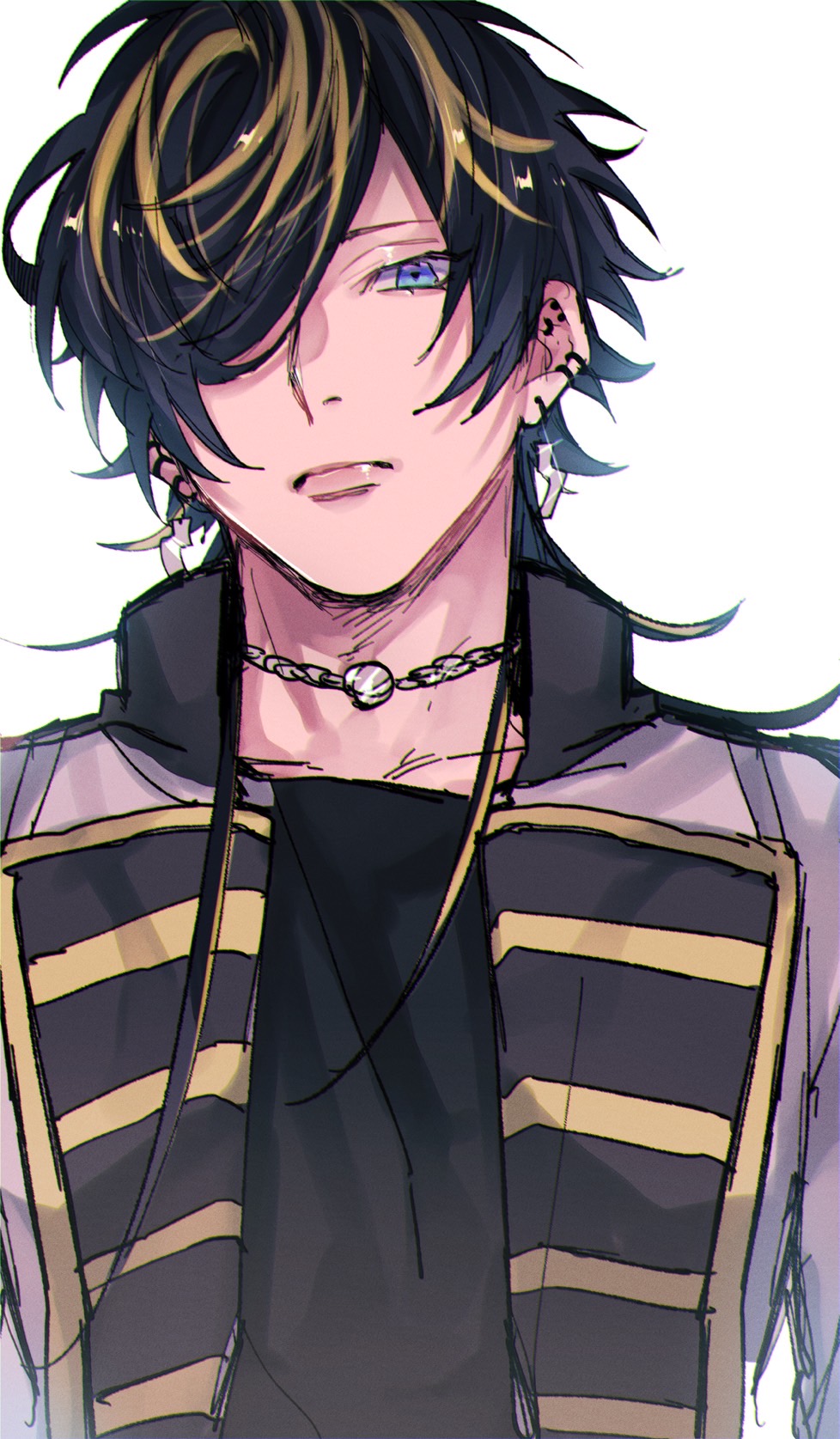 1boy, aimono_jyushi, black_hair, blonde_streaks, blue_eyes, chain_choker, ear_piercing, earrings, expressionless, grey_jacket, hair_over_one_eye, head_tilt, high_collar, highres, hypnosis_mic, jacket, jewelry, lapels, male_focus, multicolored_hair, nishino_(fetv8484), piercing, solo, two-tone_hair, upper_body, white_background, yellow_trim