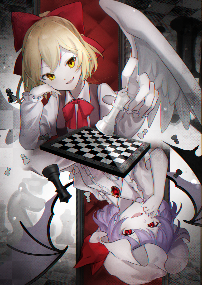 2girls, absurdres, bat_wings, blonde_hair, board_game, bow, brooch, brown_vest