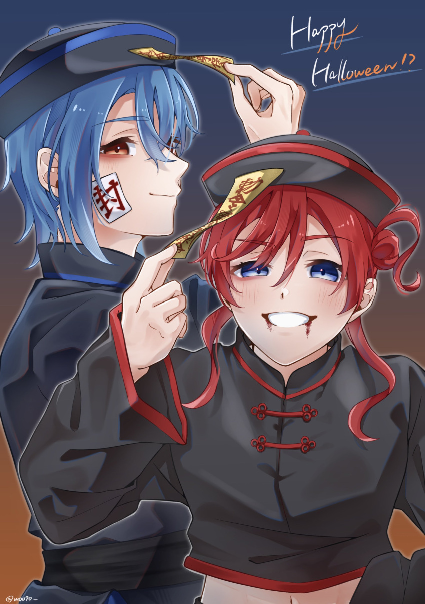 2girls, absurdres, black_hat, black_shirt, blue_background, blue_eyes, blue_hair, chinese_clothes