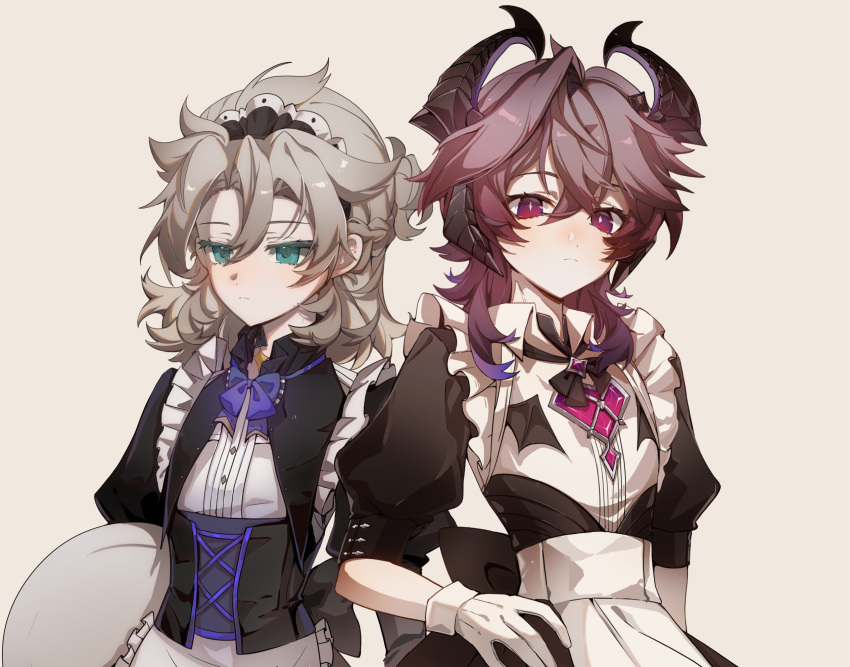 2boys, albedo_(genshin_impact), alternate_costume, apron, aqua_eyes, black_bow, black_dress, blonde_hair