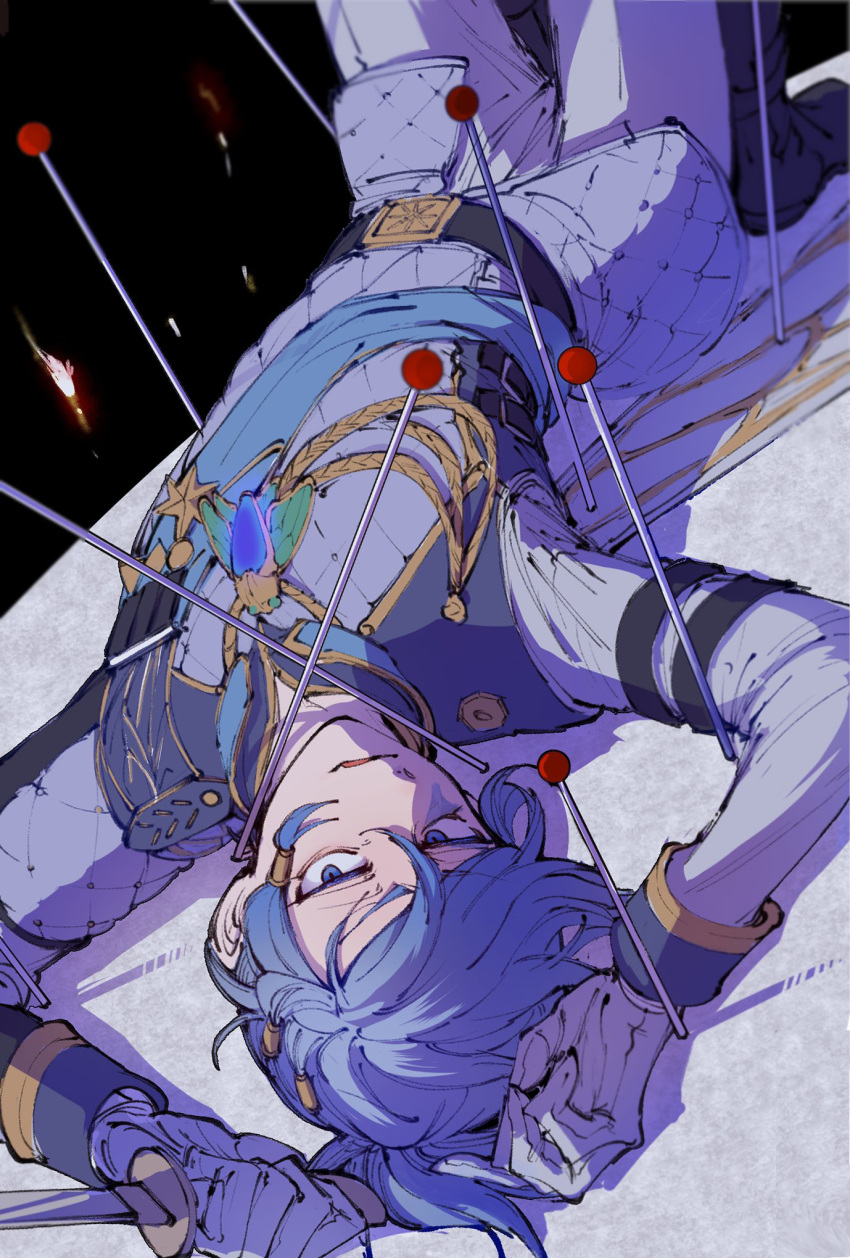 1boy, black_boots, blue_eyes, blue_hair, boots, bububuki, dagger, fang, full_body, grey_vest, hair_tubes, half-closed_eyes, highres, holding, holding_dagger, holding_knife, holding_weapon, identity_v, jewelry, knife, legs_up, luca_balsa, luca_balsa_(winter_cicada), lying, male_focus, necklace, on_back, pants, pin, ponytail, shirt, short_ponytail, skin_fang, vest, weapon, white_pants, white_shirt