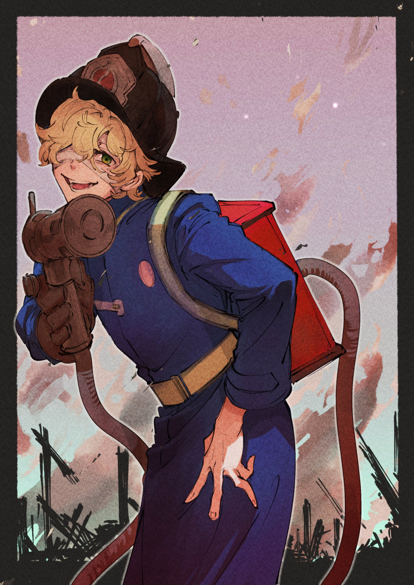 1boy, absurdres, aiming, bandage_over_one_eye, blonde_hair, brown_gloves, bububuki, cowboy_shot