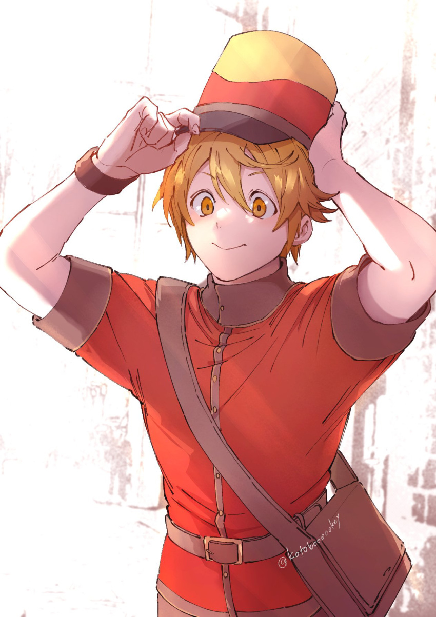 1boy, adjusting_clothes, adjusting_headwear, bag, belt, blonde_hair, brown_belt, brown_trim