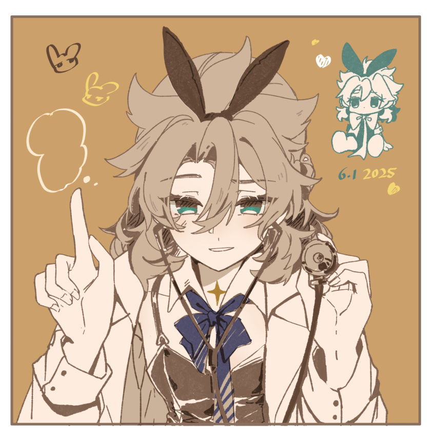 1boy, albedo_(genshin_impact), animal_ears, aqua_eyes, blonde_hair, blue_bow, blue_bowtie, border, bow, bowtie, brown_background, chibi, coat, dated, diamond_(shape), dongzhiji519, genshin_impact, green_eyes, hair_between_eyes, highres, holding, index_finger_raised, jacket, leotard, long_sleeves, looking_at_viewer, male_playboy_bunny, medium_hair, parted_lips, rabbit_ears, scar, scar_on_neck, shirt, simple_background, smile, solo, stethoscope, upper_body, white_border