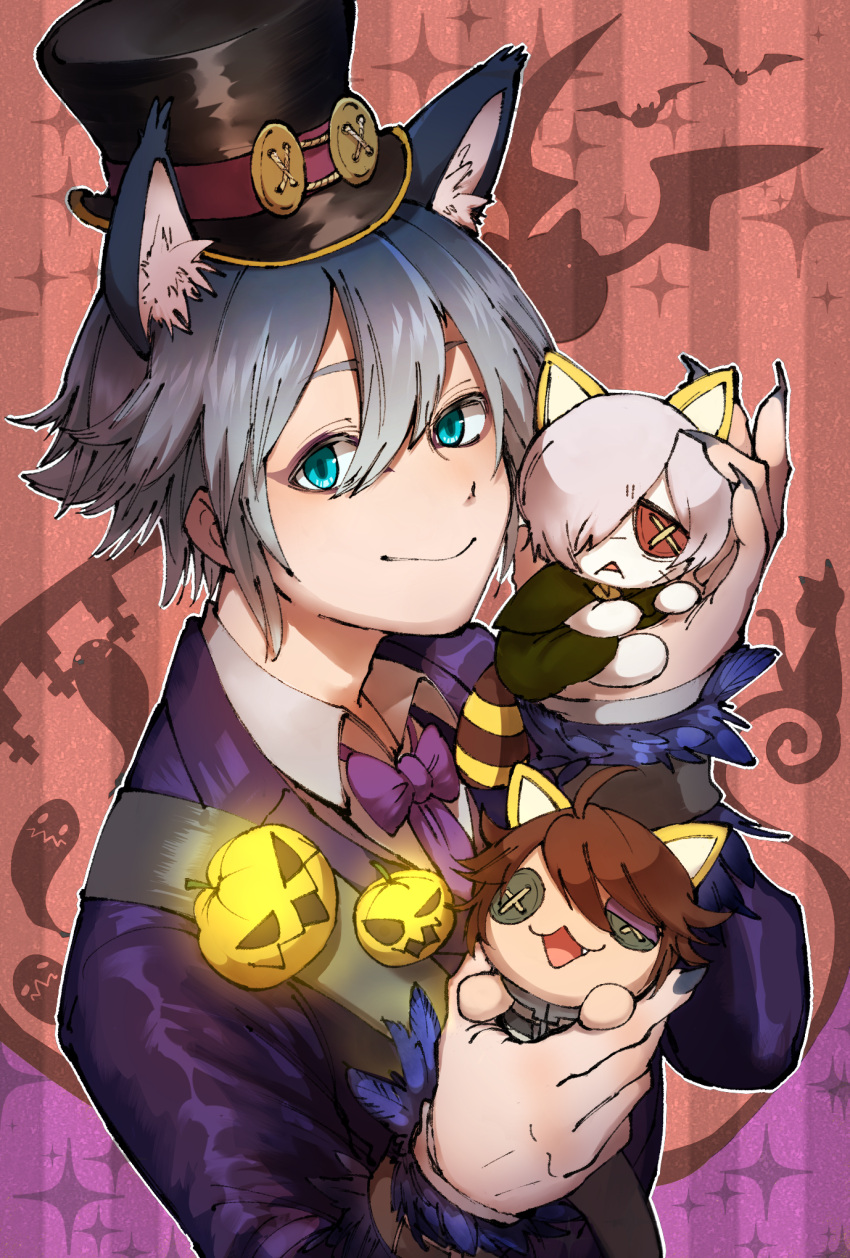 3boys, andrew_kreiss, animal_ears, aqua_eyes, black_nails, bow, bowtie, brown_hair