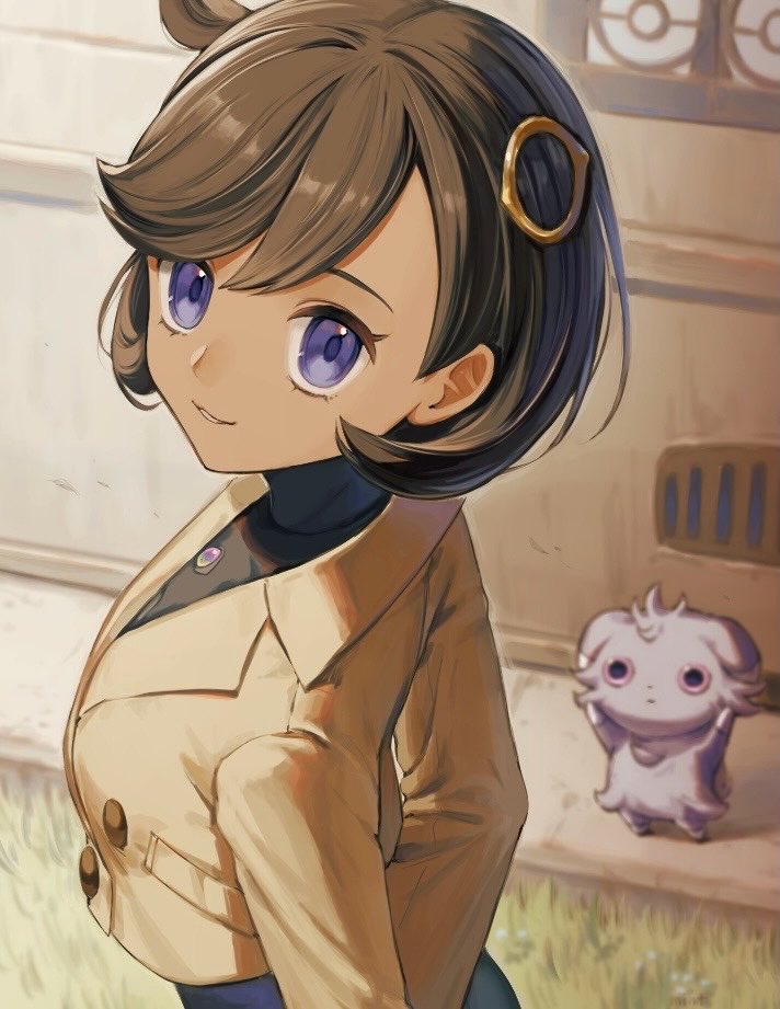 1girl, black_bodysuit, black_hair, bodysuit, brown_jacket, dark-skinned_female, dark_skin, emma_(pokemon)