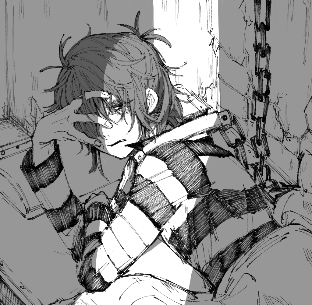 1boy, bruise, bruised_eye, bububuki, chain, collar, crack_of_light, empty_eyes