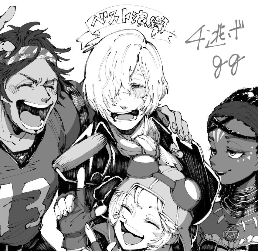2boys, 2girls, andrew_kreiss, aviator_cap, aviator_goggles, blush, bububuki, closed_eyes
