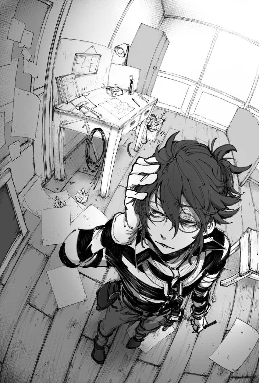 1boy, belt_pouch, bruise, bruised_eye, bububuki, crumpled_paper, desk, full_body