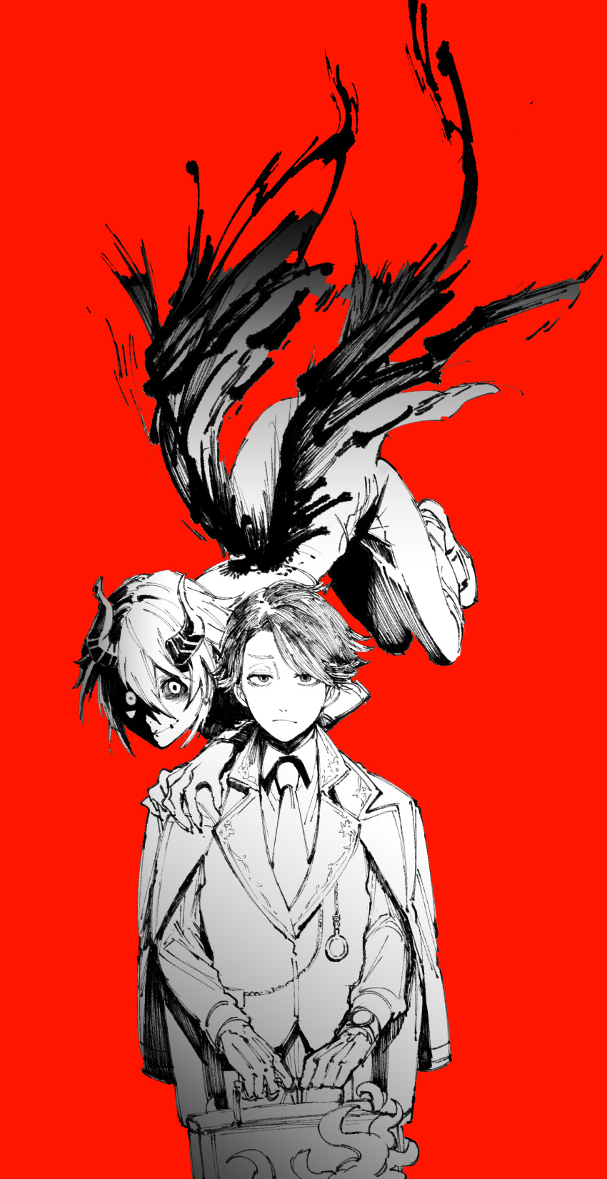 2boys, absurdres, aesop_carl, aesop_carl_(trickster), black_sclera, briefcase, bububuki, colored_sclera