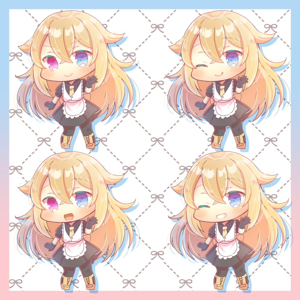 1girl, :d, ;q, apron, black_gloves, black_shirt, black_skirt, blonde_hair