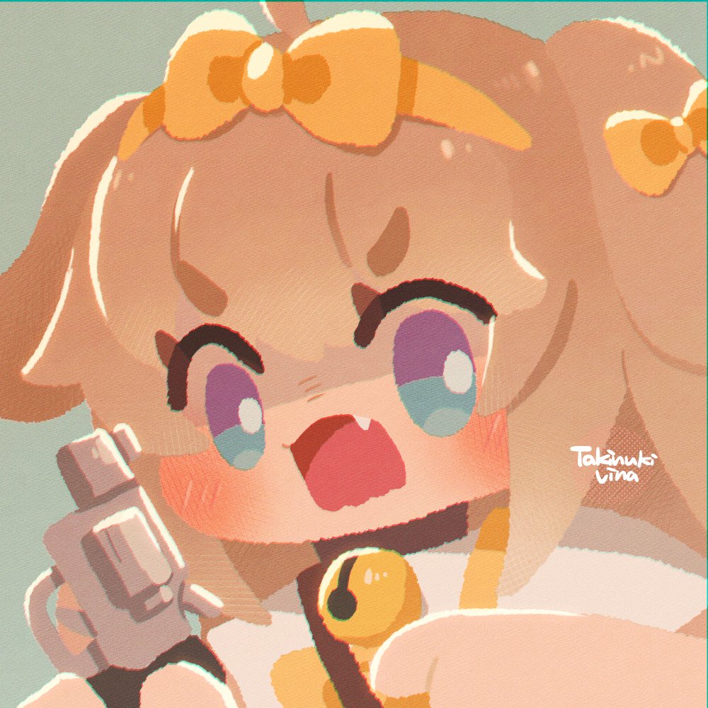 1girl, angry, animal_collar, animal_ears, bell, blue_background, blue_eyes, blush, bow, brown_hair, butter_(trickcal), collar, commentary_request, dog_ears, dog_girl, fang, gun, hair_bow, hairband, hands_up, holding, holding_gun, holding_weapon, long_hair, looking_at_viewer, multicolored_eyes, multiple_hair_bows, neck_bell, no_sclera, open_mouth, revolver, shaded_face, signature, simple_background, solo, trickcal, two-tone_eyes, upper_body, v-shaped_eyebrows, vina_comeco, violet_eyes, weapon, yellow_bow, yellow_hairband