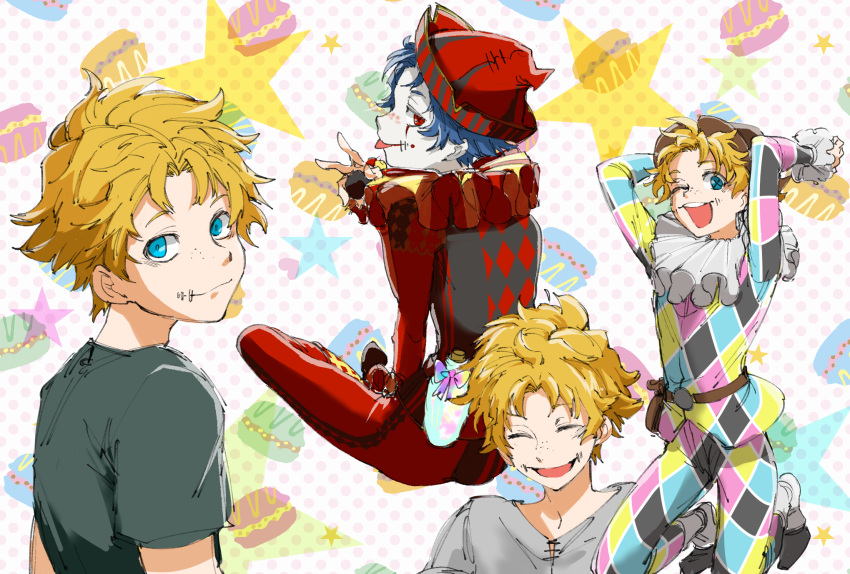 1boy, :p, ;d, belt, belt_pouch, bent_w, blonde_hair, blue_eyes, blue_hair, brown_belt, bububuki, clone, closed_eyes, colored_skin, facial_mark, freckles, green_shirt, harlequin, hat, highres, identity_v, kneeling, looking_at_viewer, looking_back, male_focus, mike_morton, mike_morton_(puppet), multiple_expressions, multiple_persona, neck_ruff, one_eye_closed, pouch, red_eyes, red_hat, shirt, short_hair, sitting, skin_tight, smile, tongue, tongue_out, white_skin
