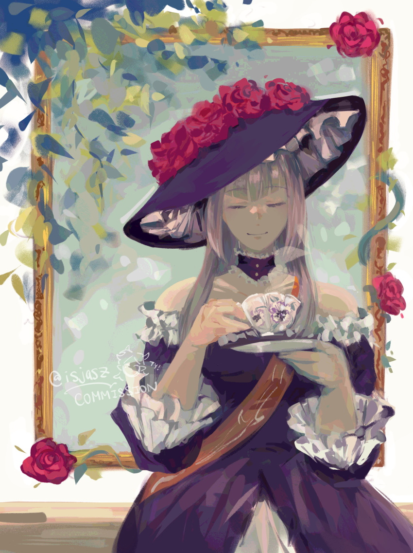 absurdres, black_dress, choker, closed_eyes, commission, cup, dress, flower