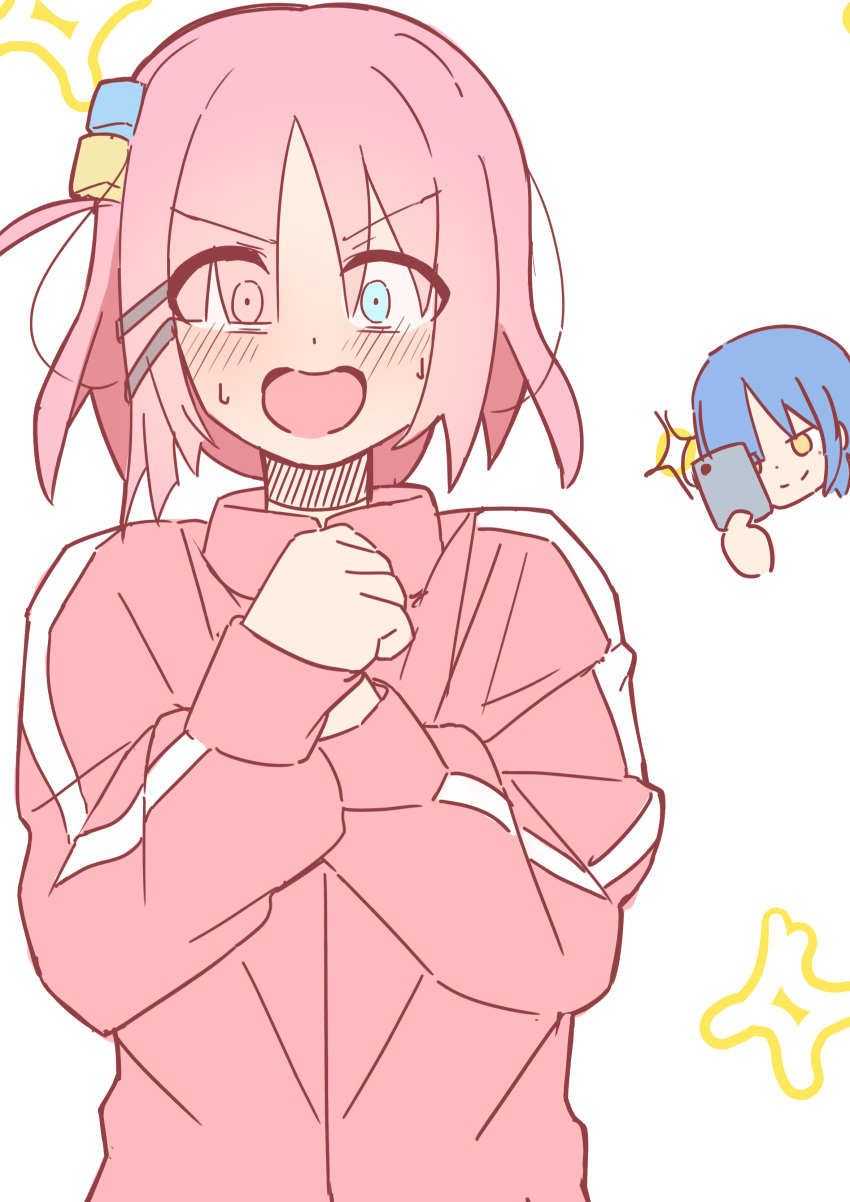 2girls, absurdres, alternate_hair_length, alternate_hairstyle, blue_eyes, blush, bocchi_the_rock!, commentary_request, gotoh_hitori, hair_ornament, hair_over_one_eye, hairclip, hands_up, highres, jacket, long_bangs, long_sleeves, multiple_girls, nuuji_nuge, one_eye_closed, open_mouth, parallel_hairclips, parted_bangs, pink_hair, pink_jacket, short_hair, simple_background, sketch, solo_focus, sweat, taking_picture, track_jacket, v-shaped_eyebrows, white_background, yamada_ryo