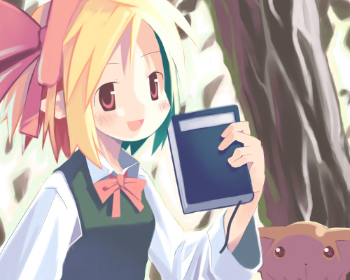 :d, analogous_colors, archived_source, asami_natsuhito, blonde_hair, blush, book, bookmark