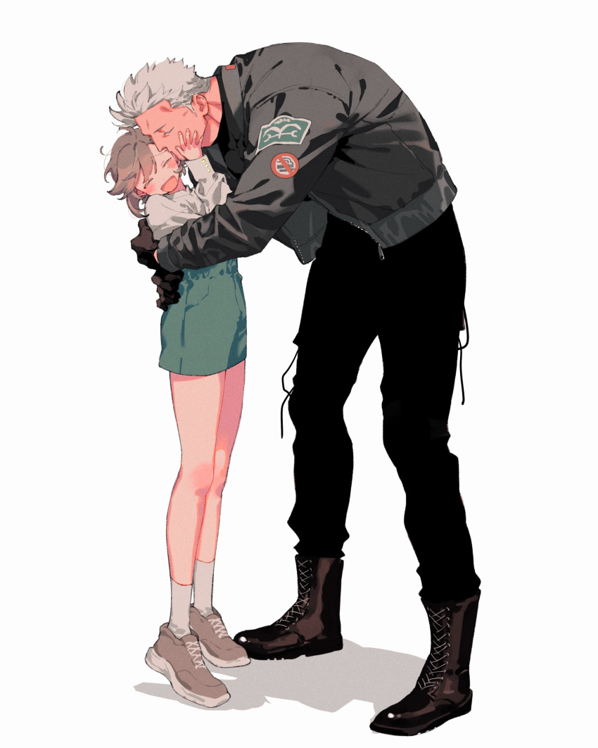 1boy, 1girl, ^_^, black_boots, black_pants, blush, boots, brown_shoes