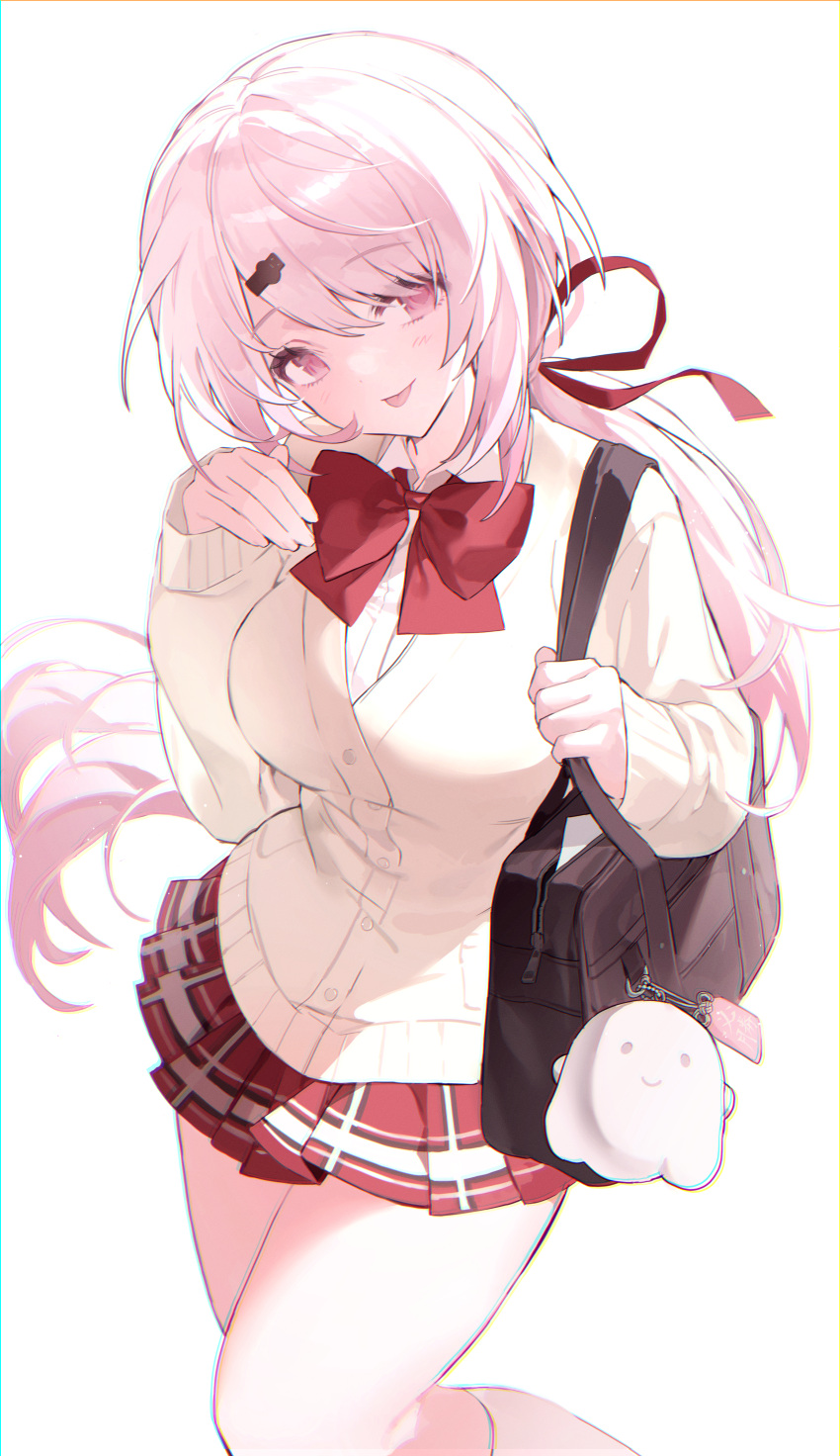 1girl, absurdres, bag, black_bag, blush, bow, bowtie, breasts