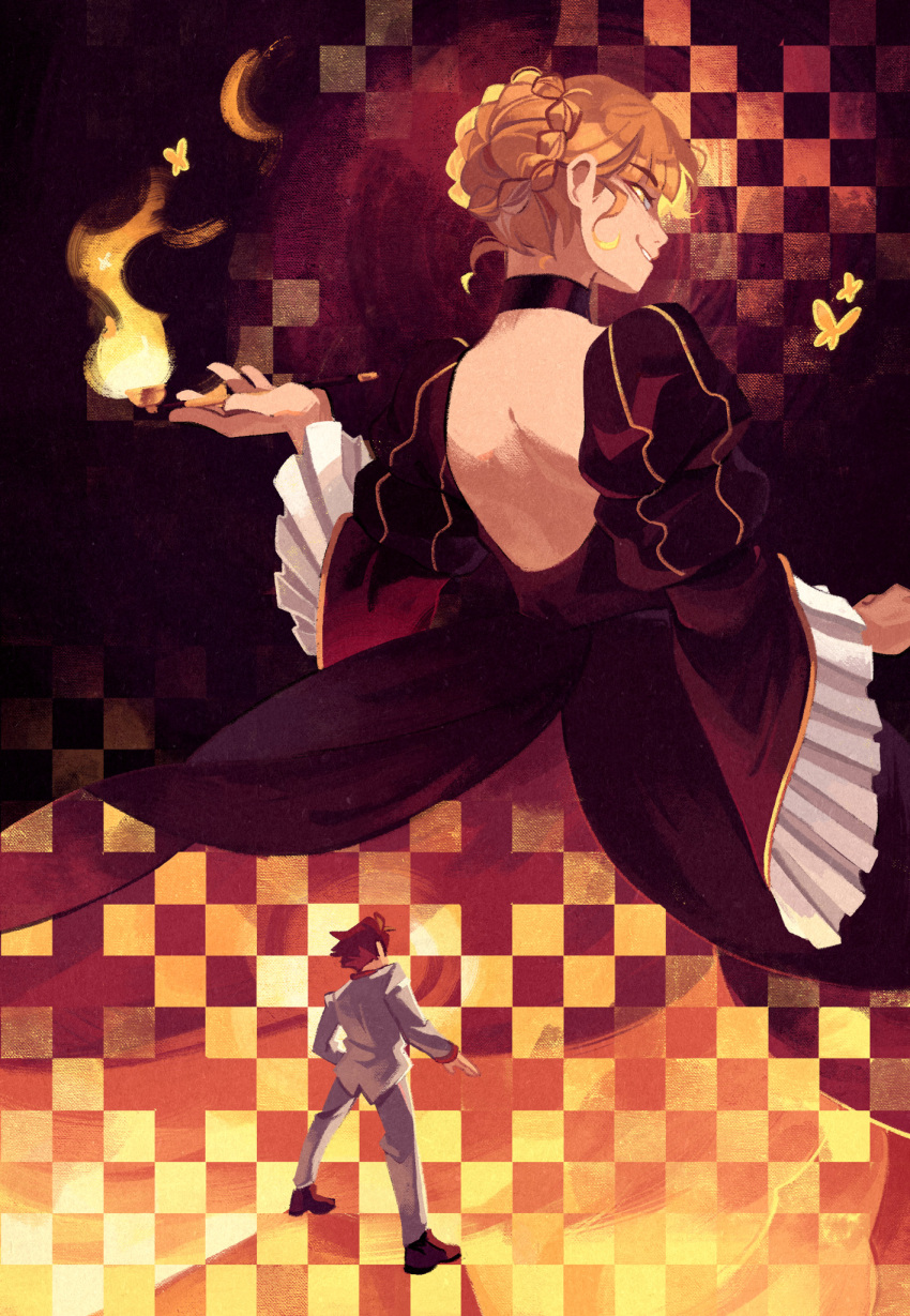 1boy, 1girl, beatrice_(umineko), blonde_hair, blue_eyes, bug, butterfly, chessboard