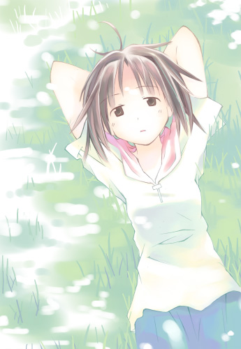 1girl, archived_source, arms_behind_back, asami_natsuhito, blue_skirt, breasts, brown_eyes, brown_hair
