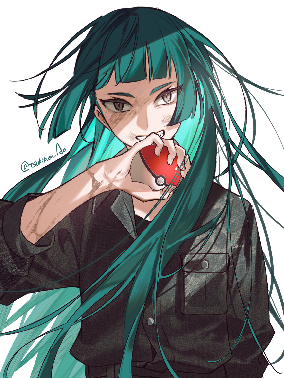1girl, aged_down, alternate_costume, alternate_hairstyle, breast_pocket, green_hair, grin, hand_up