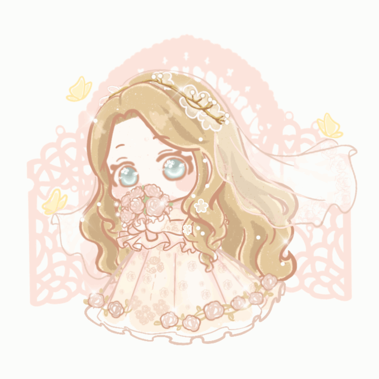 1girl, animated, animated_gif, beads, blinking, blonde_hair, blue_eyes, blush_stickers, bouquet, bridal_veil, bride, bug, butterfly, chibi, chinese_commentary, colored_eyelashes, commentary_request, covered_mouth, dress, dress_flower, elbow_gloves, floating_clothes, floral_print, flower, forehead, forever_love_(shining_nikki), frilled_dress, frills, gate, gloves, hair_beads, hair_ornament, holding, holding_bouquet, lace, lace_gloves, long_dress, long_hair, looking_at_viewer, looping_animation, nikki_(series), pink_dress, pink_flower, pink_rose, pleated_dress, print_dress, rose, rose_print, see-through_clothes, see-through_veil, shining_nikki, solo, standing, tareme, veil, very_long_hair, wavy_hair, wedding_dress, white_background, white_gloves, white_veil, xiaoyu_qixing, yellow_butterfly