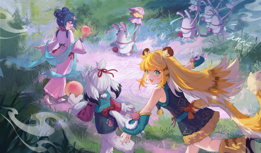 3girls, absurdres, animal_ear_fluff, animal_ears, bangboo_(zenless_zone_zero), belle_(zenless_zone_zero), blonde_hair, cairn_(zenless_zone_zero)