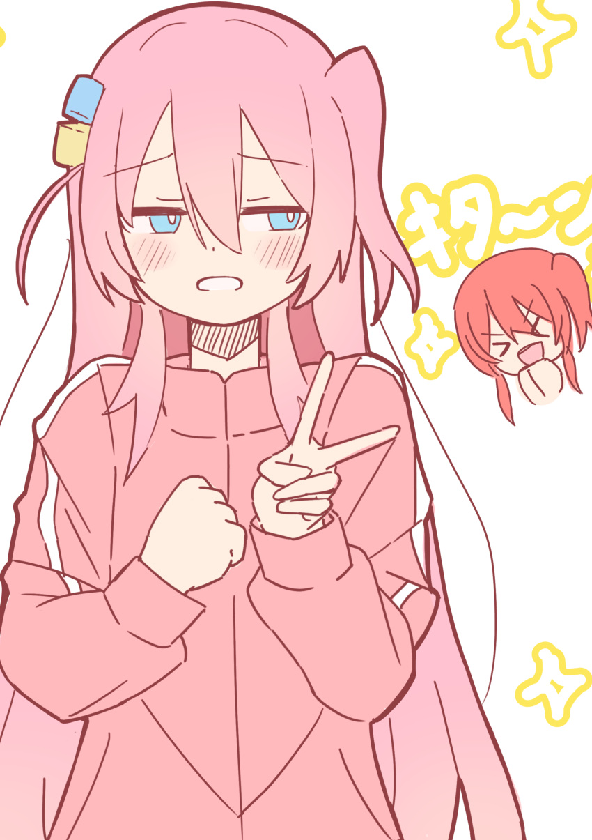 >_<, 2girls, absurdres, alternate_hairstyle, blue_eyes, blush, bocchi_the_rock!, commentary_request