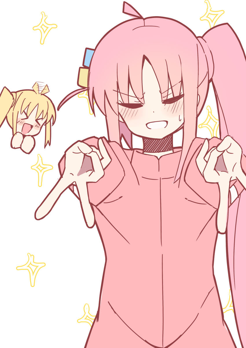 >_<, 2girls, absurdres, ahoge, blonde_hair, blush, bocchi_the_rock!, choppy_bangs