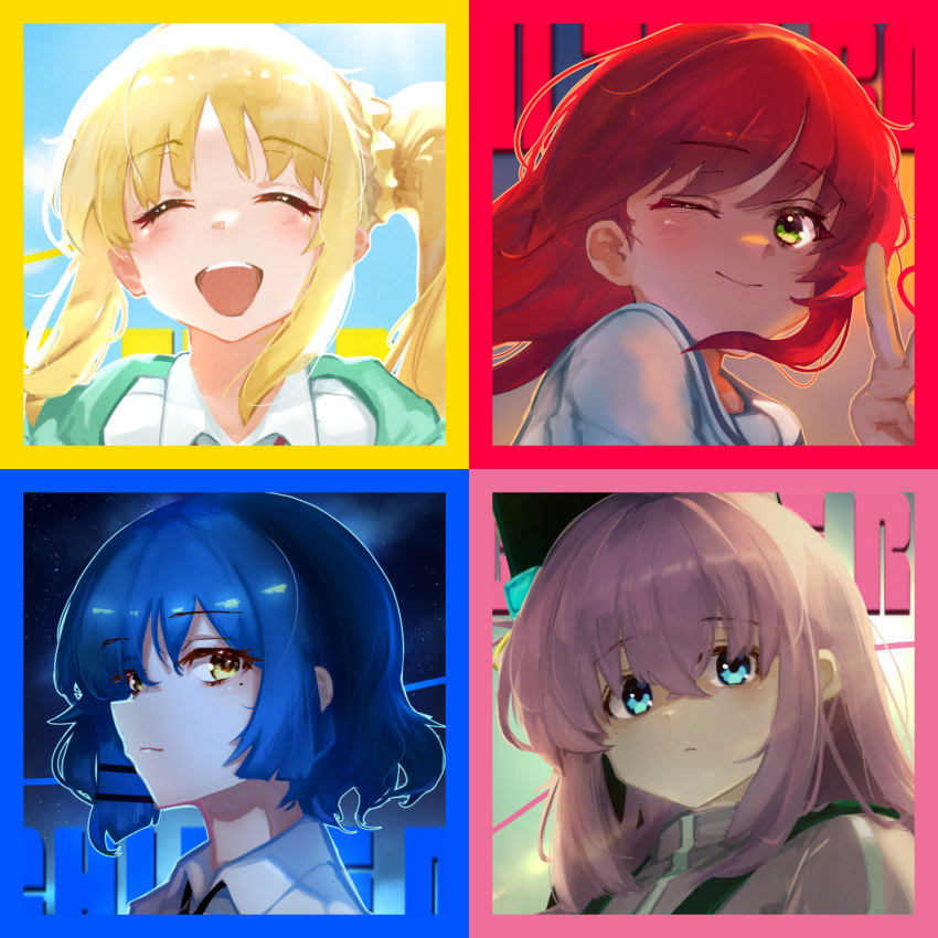 4girls, ^_^, absurdres, blonde_hair, blue_eyes, blue_hair, blush, bocchi_the_rock!