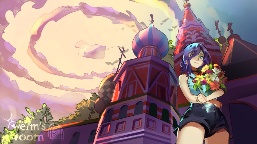 1girl, black_choker, black_shorts, bouquet, building, chainsaw_man, choker, closed_mouth, collared_shirt, from_below, highres, holding, holding_bouquet, moscow, outdoors, purple_hair, reze_(chainsaw_man), shirt, short_shorts, shorts, sleeveless, sleeveless_shirt, solo, st._basil's_cathedral, violet_eyes, wermer, white_shirt