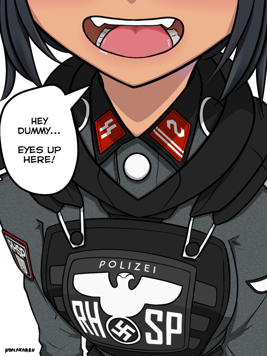 1girl, artist_name, black_hair, body_armor, commentary, english_commentary, english_text, grey_shirt