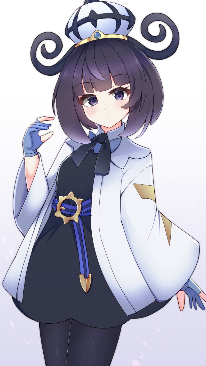 1girl, absurdres, belt, belt_buckle, black_dress, black_pantyhose, blue_gloves, blunt_bangs
