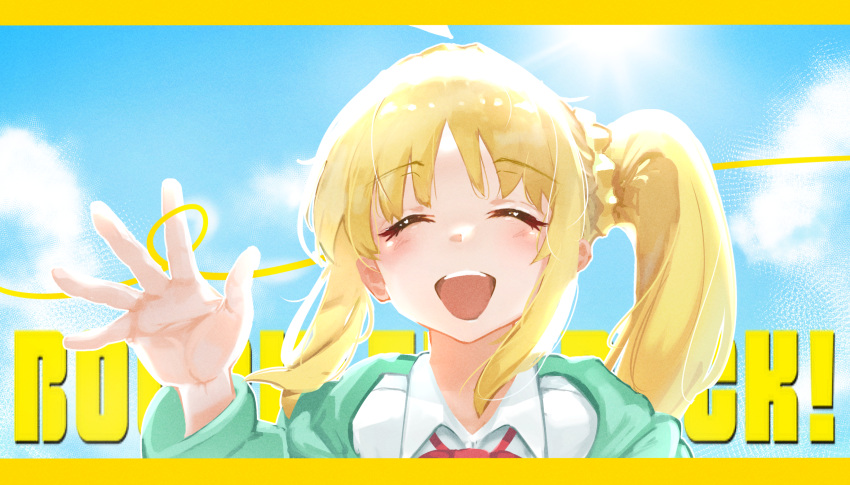 1girl, ^_^, blonde_hair, blue_sky, bocchi_the_rock!, braid, closed_eyes, collared_shirt