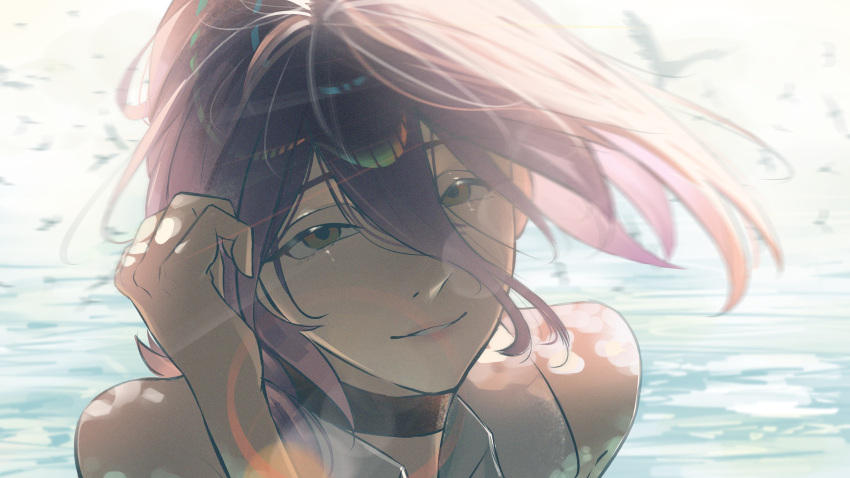 1girl, absurdres, beach, black_choker, chainsaw_man, choker, collared_shirt, eric_tran